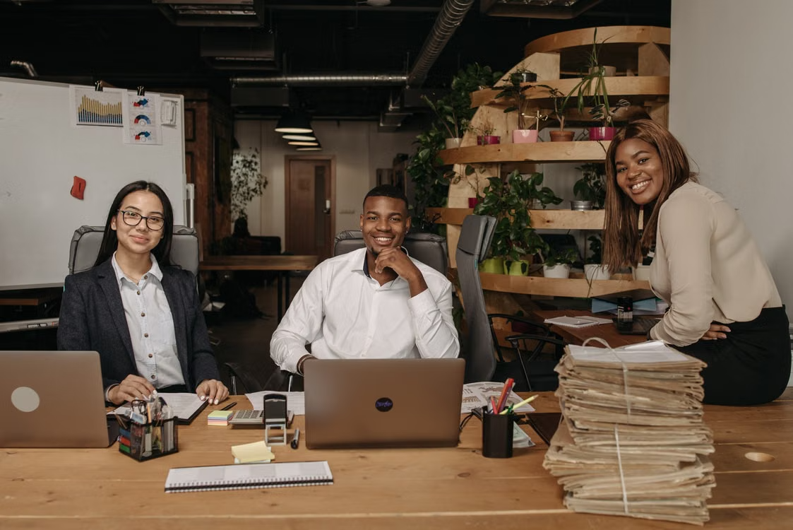 A diverse professional team collaborating in an office